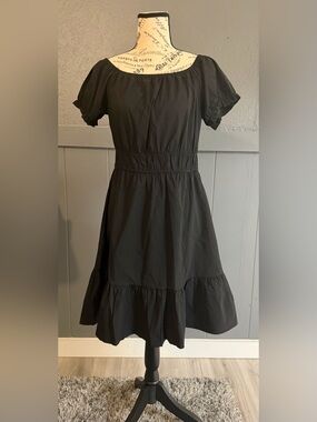 Off-Shoulder Black Midi Dress with Tiered Hem